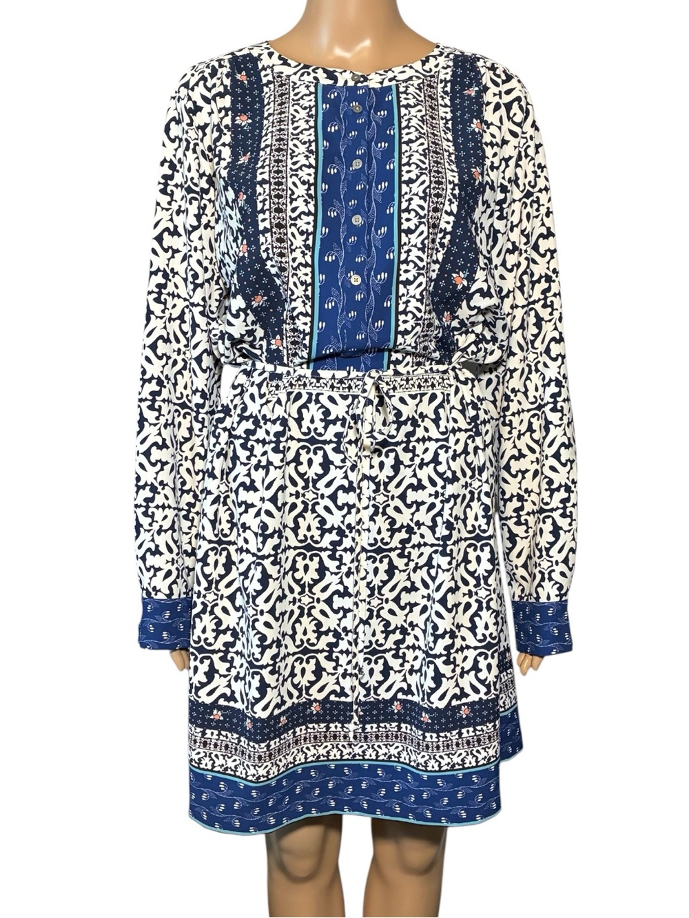LOFT Women's Dress SizeL Fleur de Lis Print Sundress Long Sleeve Waist Tie Strap